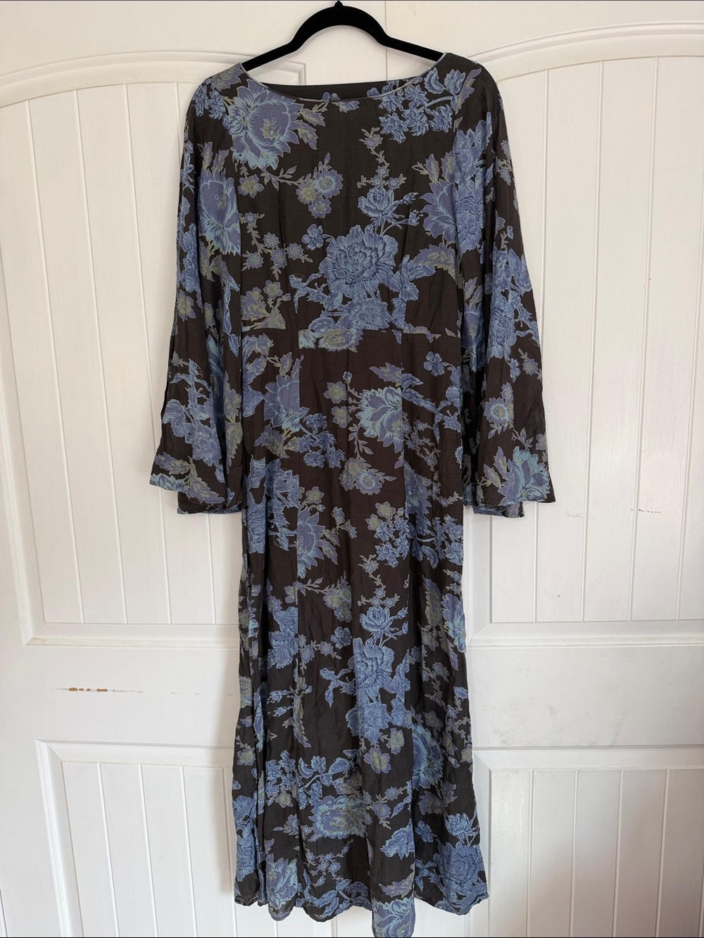 Free People Black‎ Dress with Blue Floral Print - Long Sleeve Maxi Back Cut Out